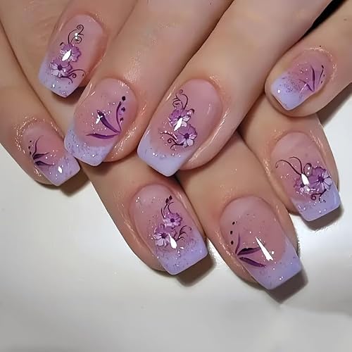 Purple Press on Nails Short Square with Floral Design - French Tip Ombre Fake Nails