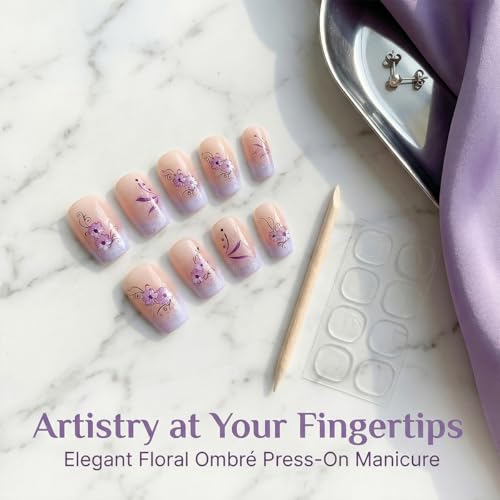 Purple Press on Nails Short Square with Floral Design - French Tip Ombre Fake Nails