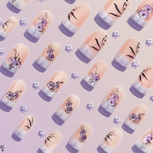 Purple Press on Nails Short Square with Floral Design - French Tip Ombre Fake Nails