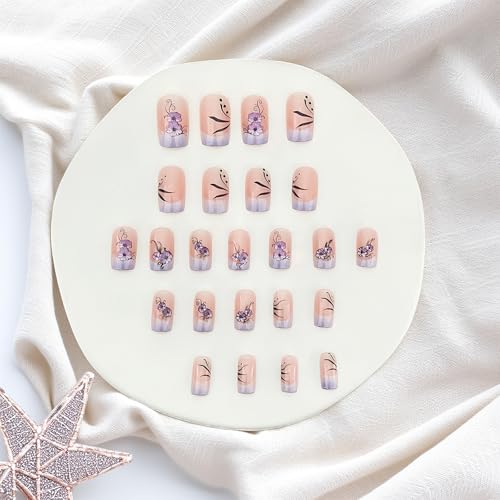 Purple Press on Nails Short Square with Floral Design - French Tip Ombre Fake Nails