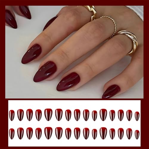 Red Press On Nails Medium Almond Burgundy Glossy Full Cover Reusable Acrylic Fake Nails Se