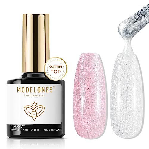 modelones Glitter Gel Top Coat Ultra-Fine White Aurora No Wipe Glossy