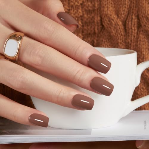 Mocha Brown Press on Nails Short Square 32Pcs 16 Sizes Fake Nails