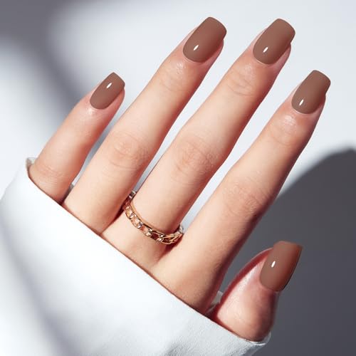 Mocha Brown Press on Nails Short Square 32Pcs 16 Sizes Fake Nails
