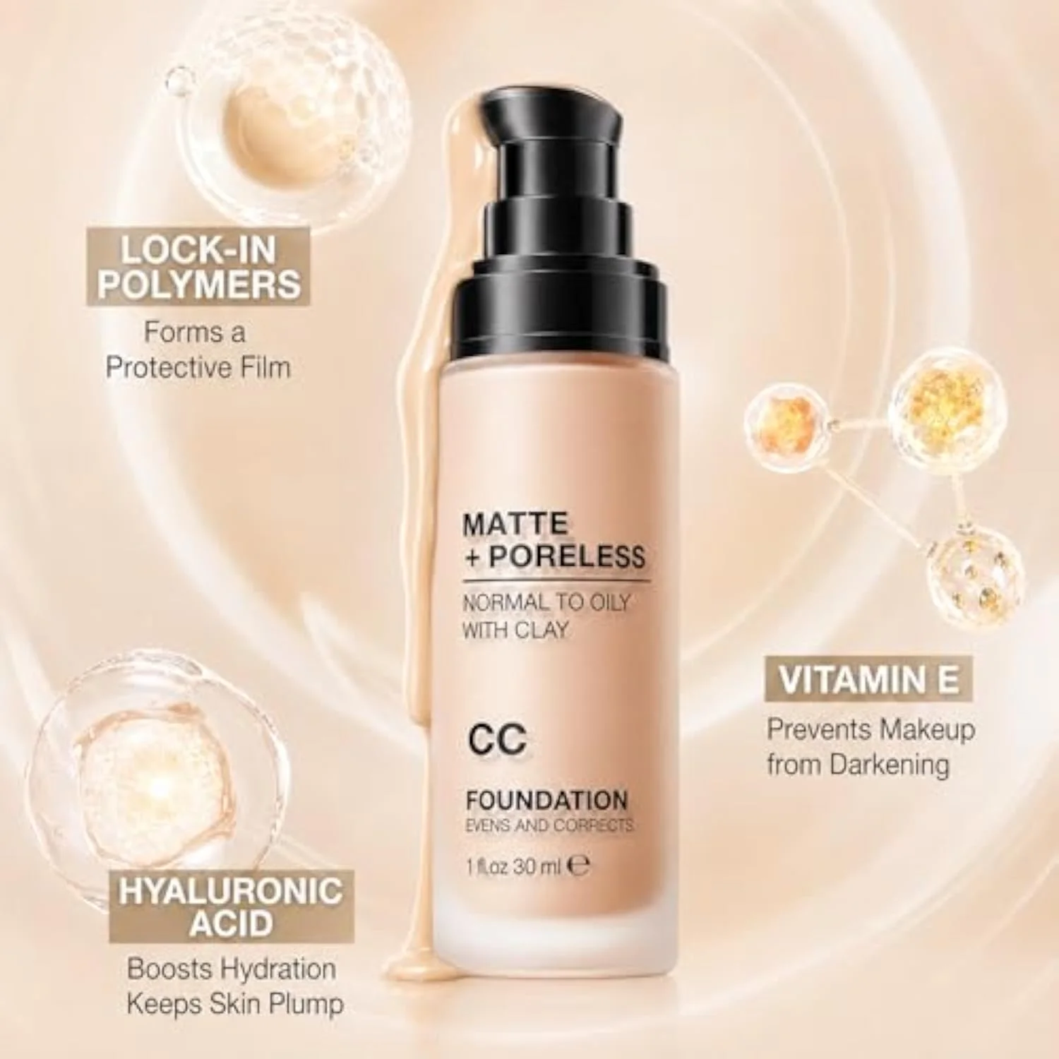 CC Cream Foundation, Flawless Matte Concealer Oil Control Color Correcting Face Makeup, Pore Minimizing Medium Coverage CC, Lightweight Up To 24H Wear for Normal to Oily Ski