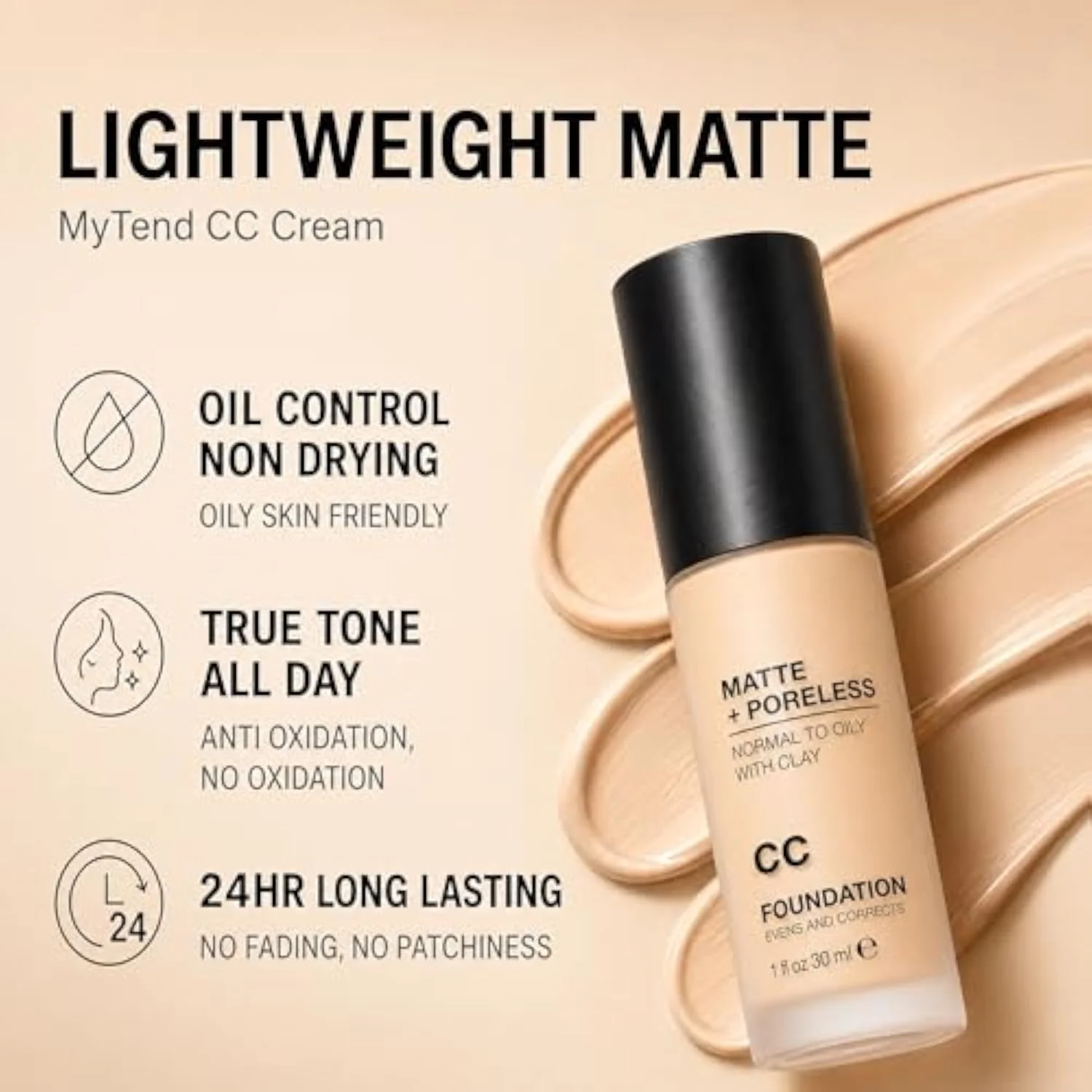 CC Cream, Redness Correcting Foundation, Oil Control Tinted CC Cream Natural Matte, Long Lasting Light to Medium Coverage, Flawless Smooth Finish for Normal to Oily Tan Skin