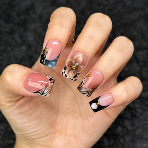 Flower Handmade Press on Nails 3D Luxury Brown Floral Design Leopard Print French Tip Fake