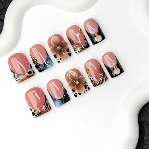 Flower Handmade Press on Nails 3D Luxury Brown Floral Design Leopard Print French Tip Fake