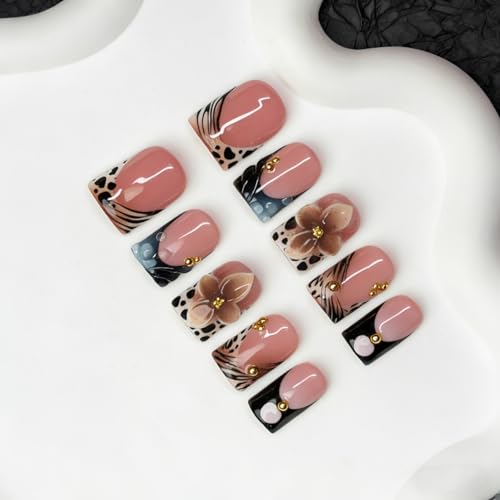 Flower Handmade Press on Nails 3D Luxury Brown Floral Design Leopard Print French Tip Fake