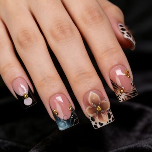Flower Handmade Press on Nails 3D Luxury Brown Floral Design Leopard Print French Tip Fake