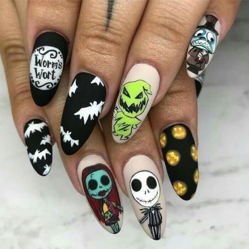 Halloween Press on Nails Almond Medium Length Fake Nails Matte False Nails with Skull Pump