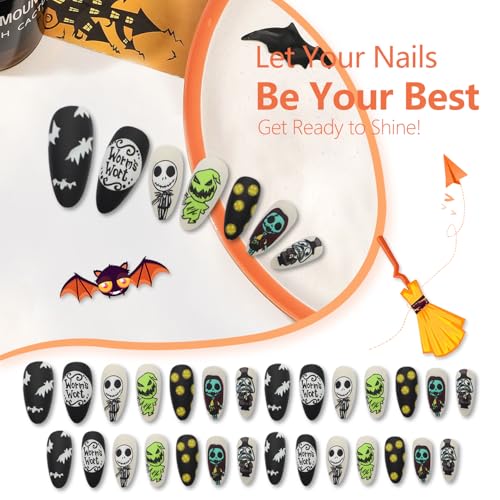 Halloween Press on Nails Almond Medium Length Fake Nails Matte False Nails with Skull Pump
