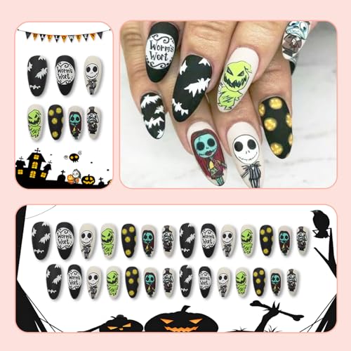 Halloween Press on Nails Almond Medium Length Fake Nails Matte False Nails with Skull Pump