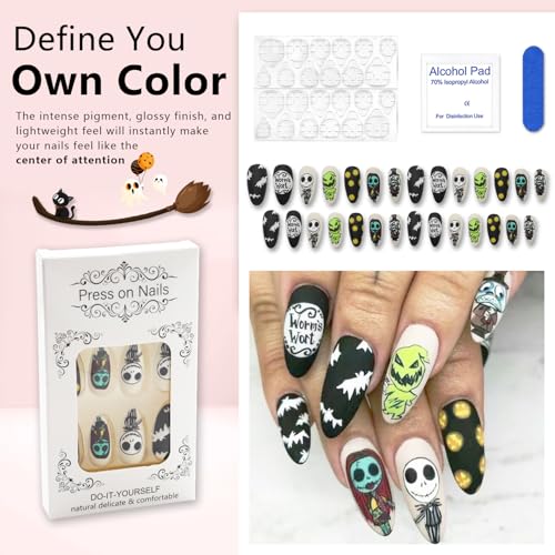 Halloween Press on Nails Almond Medium Length Fake Nails Matte False Nails with Skull Pump