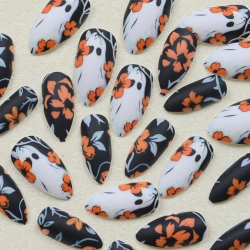 Halloween Press on Nails Black Matte Fake Nails with Orange Flower & White Ghost Designs F