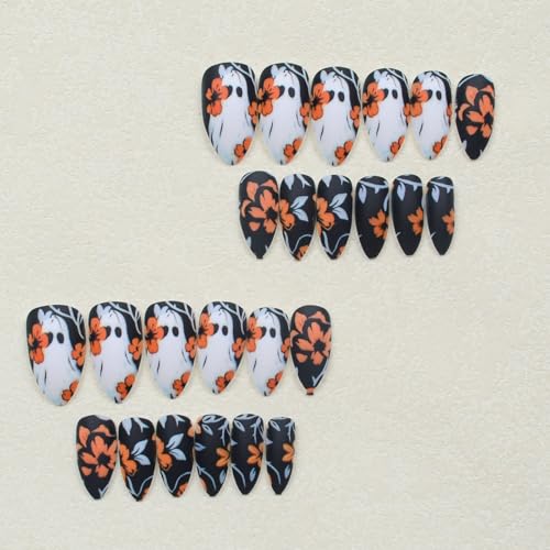Halloween Press on Nails Black Matte Fake Nails with Orange Flower & White Ghost Designs F