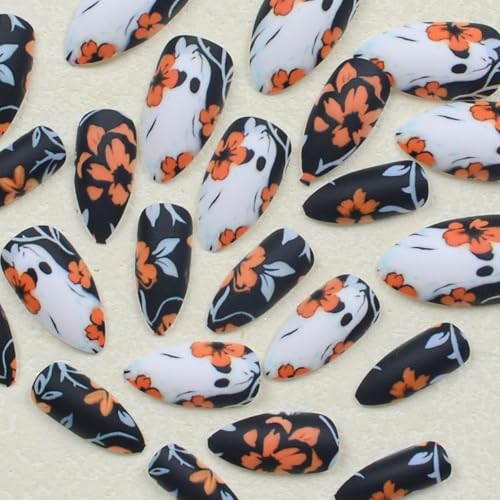 Halloween Press on Nails Black Matte Fake Nails with Orange Flower & White Ghost Designs F