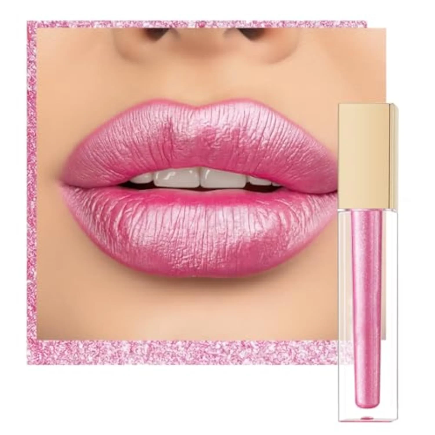 Pink Metallic Lipstick for Women, Long Lasting Lip Gloss Waterproof, Lips & Eye 2 IN 1 Lip Makeup, High Impact Lip Color, 3D Metallic Finish, No Transfer, Vegan MD08