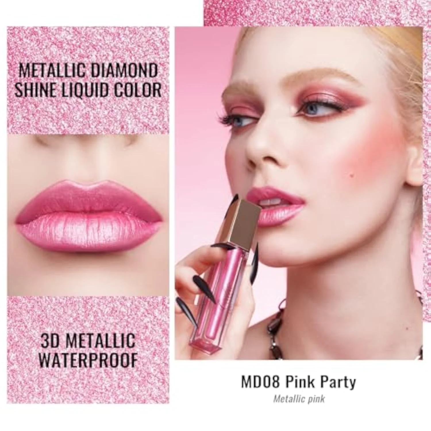 Pink Metallic Lipstick for Women, Long Lasting Lip Gloss Waterproof, Lips & Eye 2 IN 1 Lip Makeup, High Impact Lip Color, 3D Metallic Finish, No Transfer, Vegan MD08