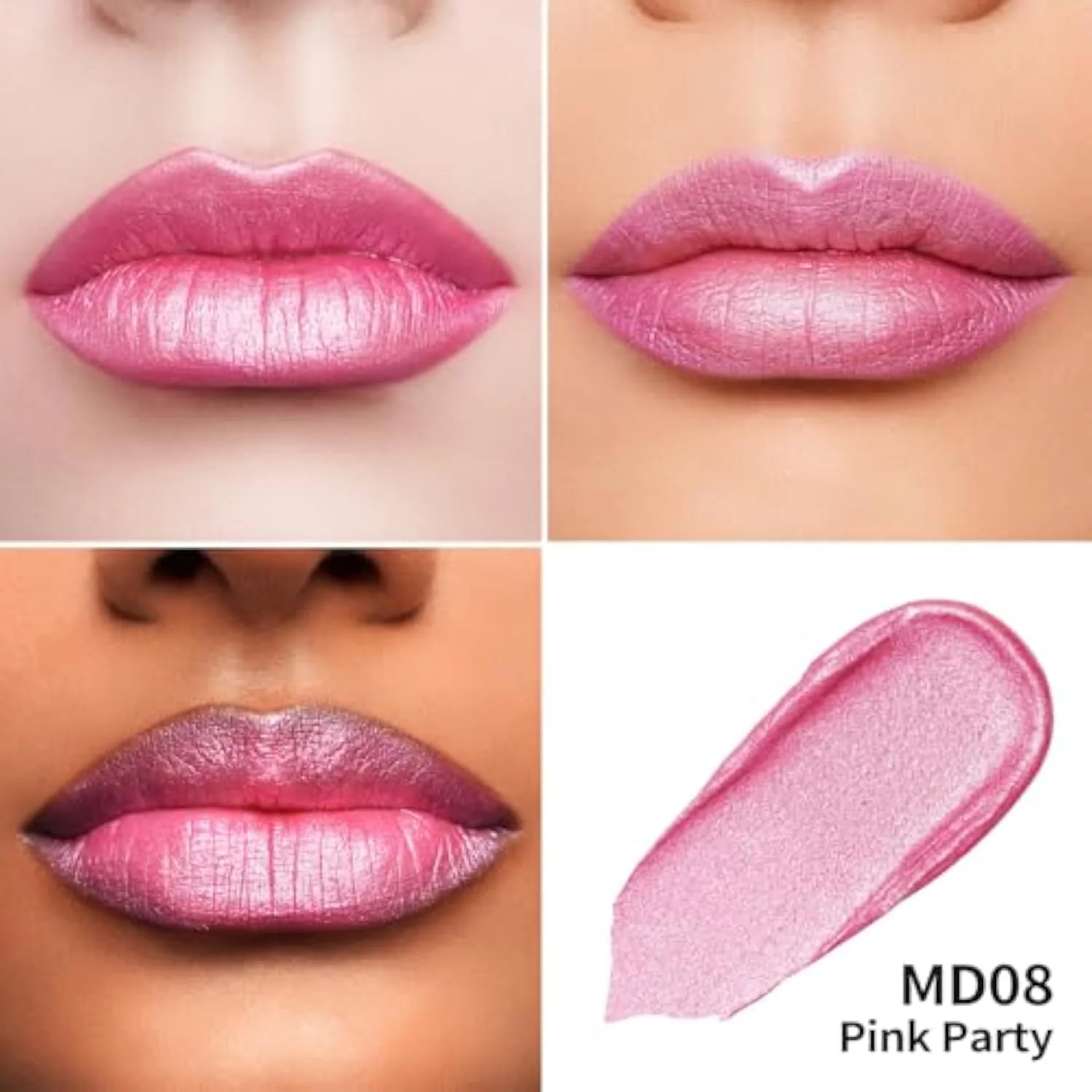 Pink Metallic Lipstick for Women, Long Lasting Lip Gloss Waterproof, Lips & Eye 2 IN 1 Lip Makeup, High Impact Lip Color, 3D Metallic Finish, No Transfer, Vegan MD08
