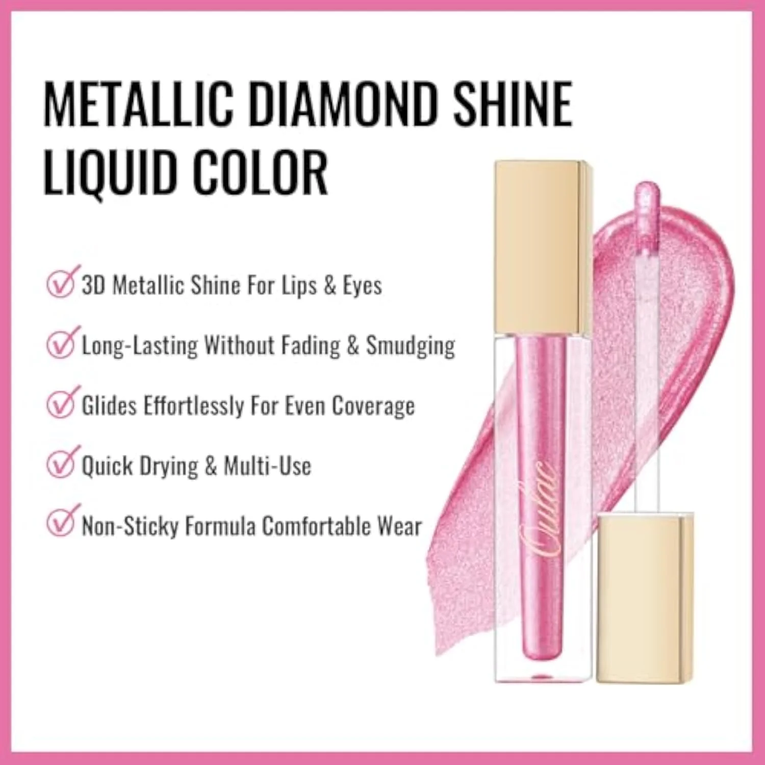 Pink Metallic Lipstick for Women, Long Lasting Lip Gloss Waterproof, Lips & Eye 2 IN 1 Lip Makeup, High Impact Lip Color, 3D Metallic Finish, No Transfer, Vegan MD08