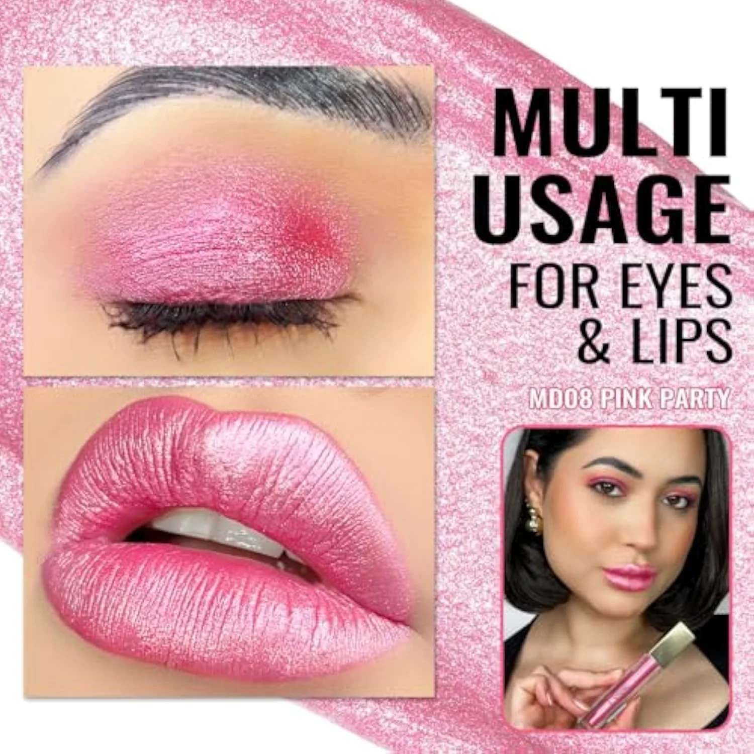 Pink Metallic Lipstick for Women, Long Lasting Lip Gloss Waterproof, Lips & Eye 2 IN 1 Lip Makeup, High Impact Lip Color, 3D Metallic Finish, No Transfer, Vegan MD08