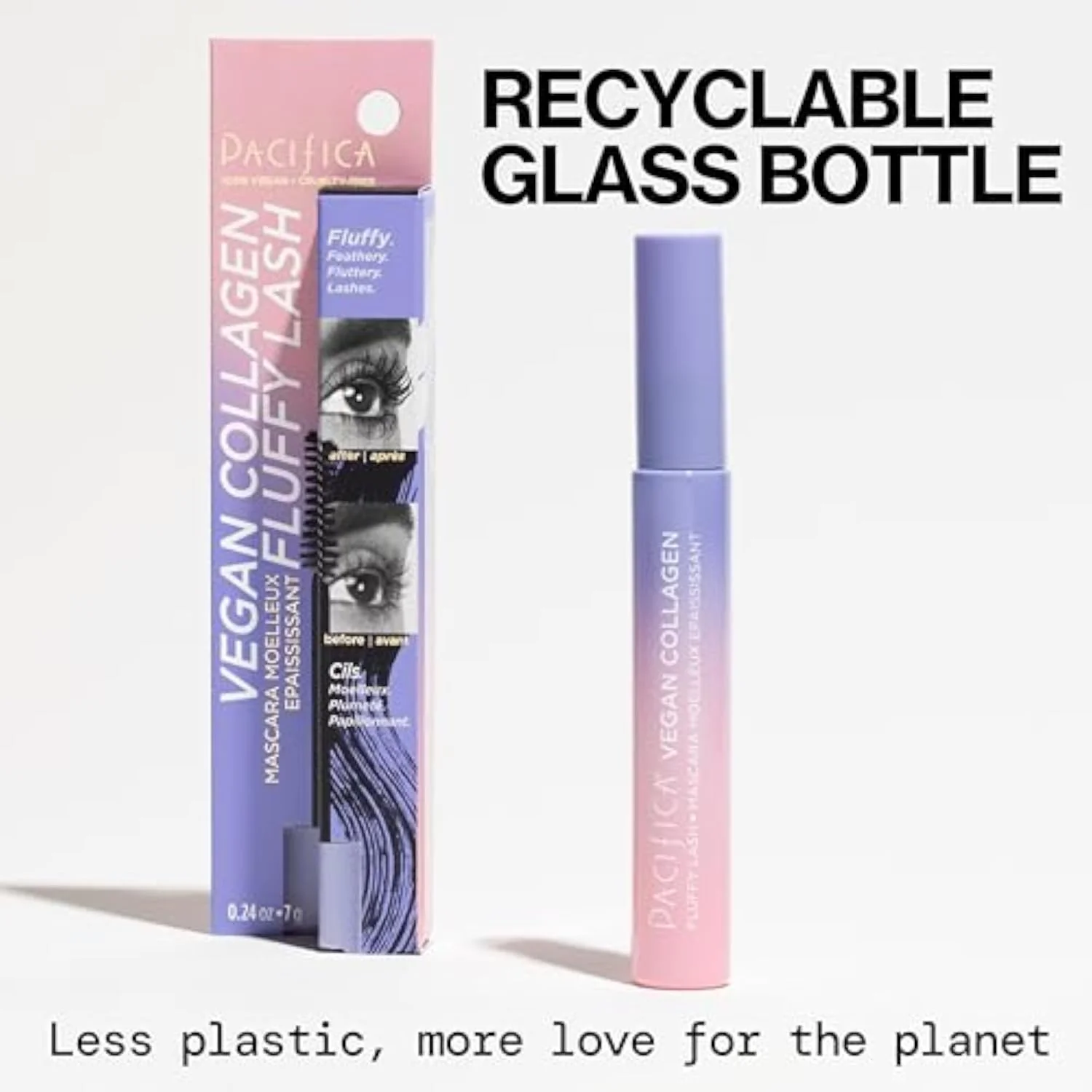Vegan Collagen Fluffy Lash Mascara – Black Thickening & Lengthening Mascara with Plant Fibers, Full Fluffy Lashes, Vegan & Cruelty-Free, 0.24 oz