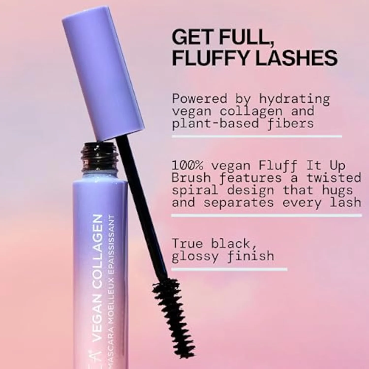 Vegan Collagen Fluffy Lash Mascara – Black Thickening & Lengthening Mascara with Plant Fibers, Full Fluffy Lashes, Vegan & Cruelty-Free, 0.24 oz