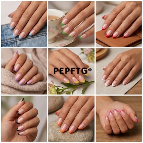Classic French Tip Press on Nails Short Almond 9 Colors 216 Pcs