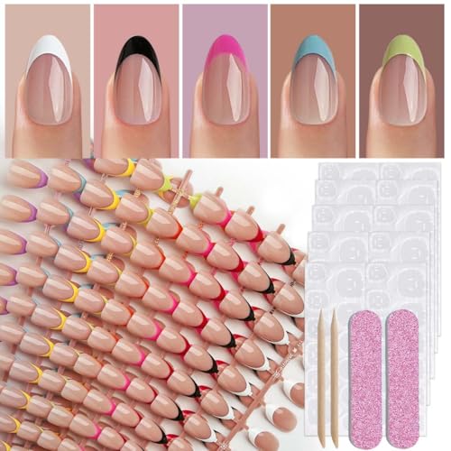 Classic French Tip Press on Nails Short Almond 9 Colors 216 Pcs