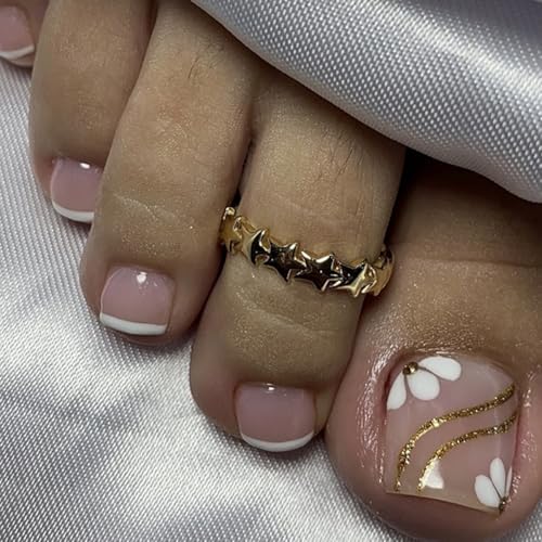 Pink Press on Toenails Short Square Fake Toenails with Flower Gold Line Design Stick on Na