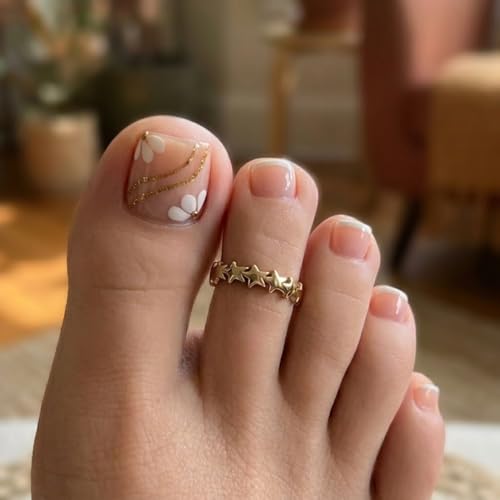 Pink Press on Toenails Short Square Fake Toenails with Flower Gold Line Design Stick on Na