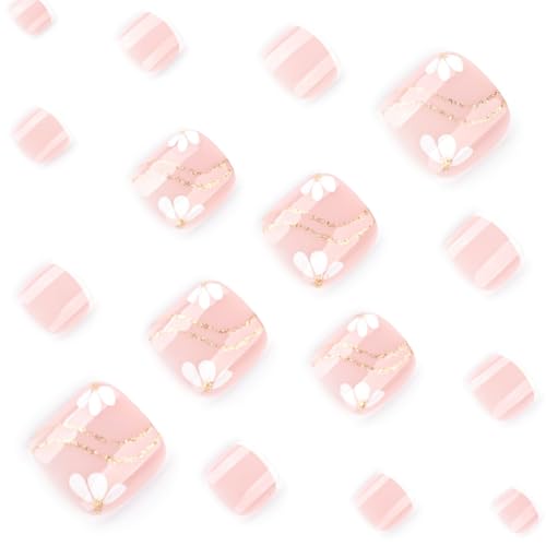 Pink Press on Toenails Short Square Fake Toenails with Flower Gold Line Design Stick on Na