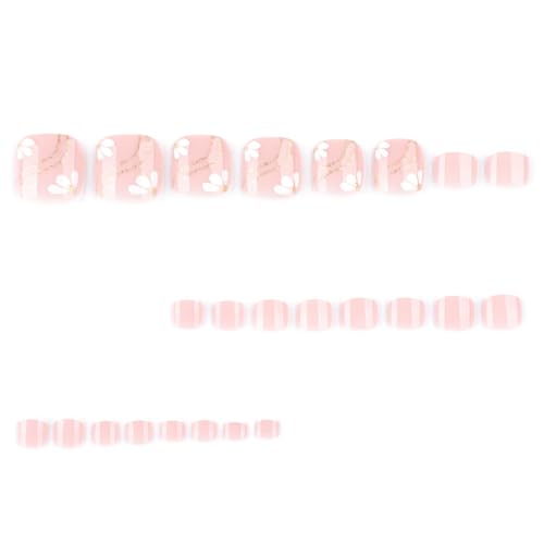 Pink Press on Toenails Short Square Fake Toenails with Flower Gold Line Design Stick on Na
