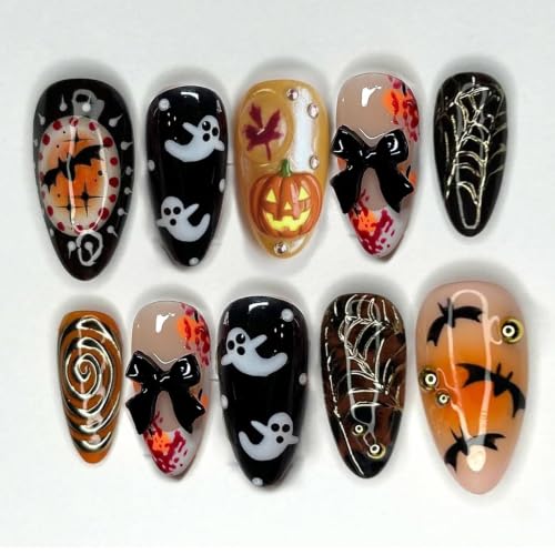 30Pcs Halloween Press On Nails Almond - Spooky Ghost Bat Pumpkin Design
