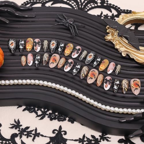 30Pcs Halloween Press On Nails Almond - Spooky Ghost Bat Pumpkin Design