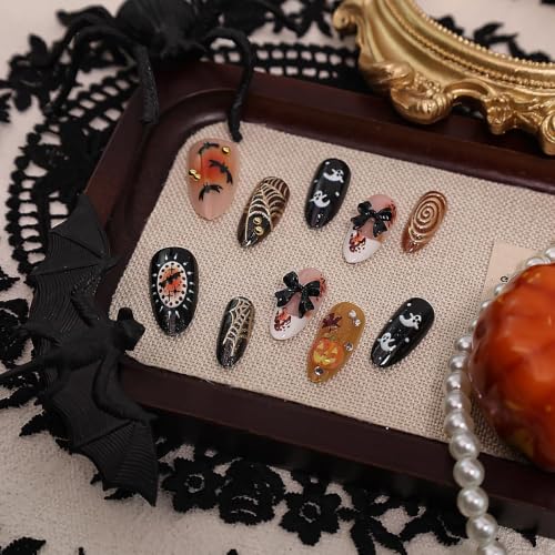 30Pcs Halloween Press On Nails Almond - Spooky Ghost Bat Pumpkin Design