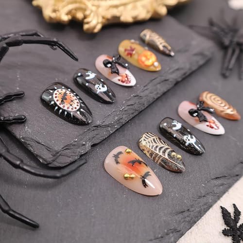 30Pcs Halloween Press On Nails Almond - Spooky Ghost Bat Pumpkin Design