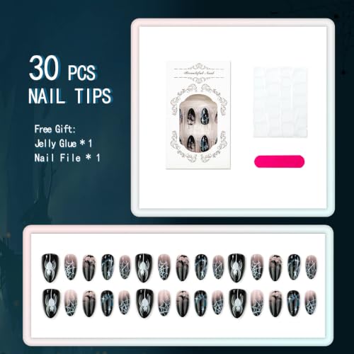 30Pcs Halloween Press On Nails Short Almond Black Spider Web Bat Fake Nails