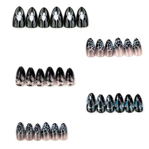 30Pcs Halloween Press On Nails Short Almond Black Spider Web Bat Fake Nails