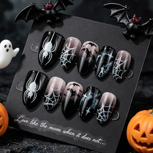 30Pcs Halloween Press On Nails Short Almond Black Spider Web Bat Fake Nails
