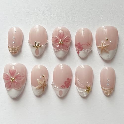 30Pcs Summer Beach Short Almond Press On Nails Pink Floral Starfish French Tips Fake Nails