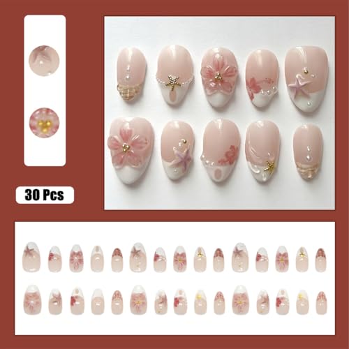 30Pcs Summer Beach Short Almond Press On Nails Pink Floral Starfish French Tips Fake Nails