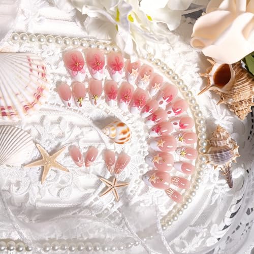 30Pcs Summer Beach Short Almond Press On Nails Pink Floral Starfish French Tips Fake Nails