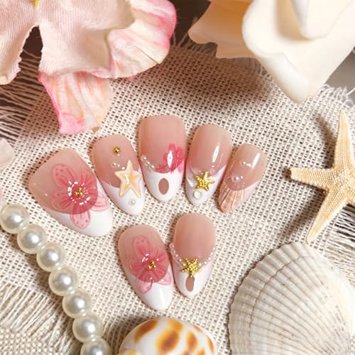 30Pcs Summer Beach Short Almond Press On Nails Pink Floral Starfish French Tips Fake Nails