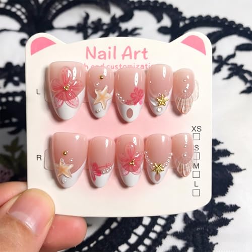 30Pcs Summer Beach Short Almond Press On Nails Pink Floral Starfish French Tips Fake Nails