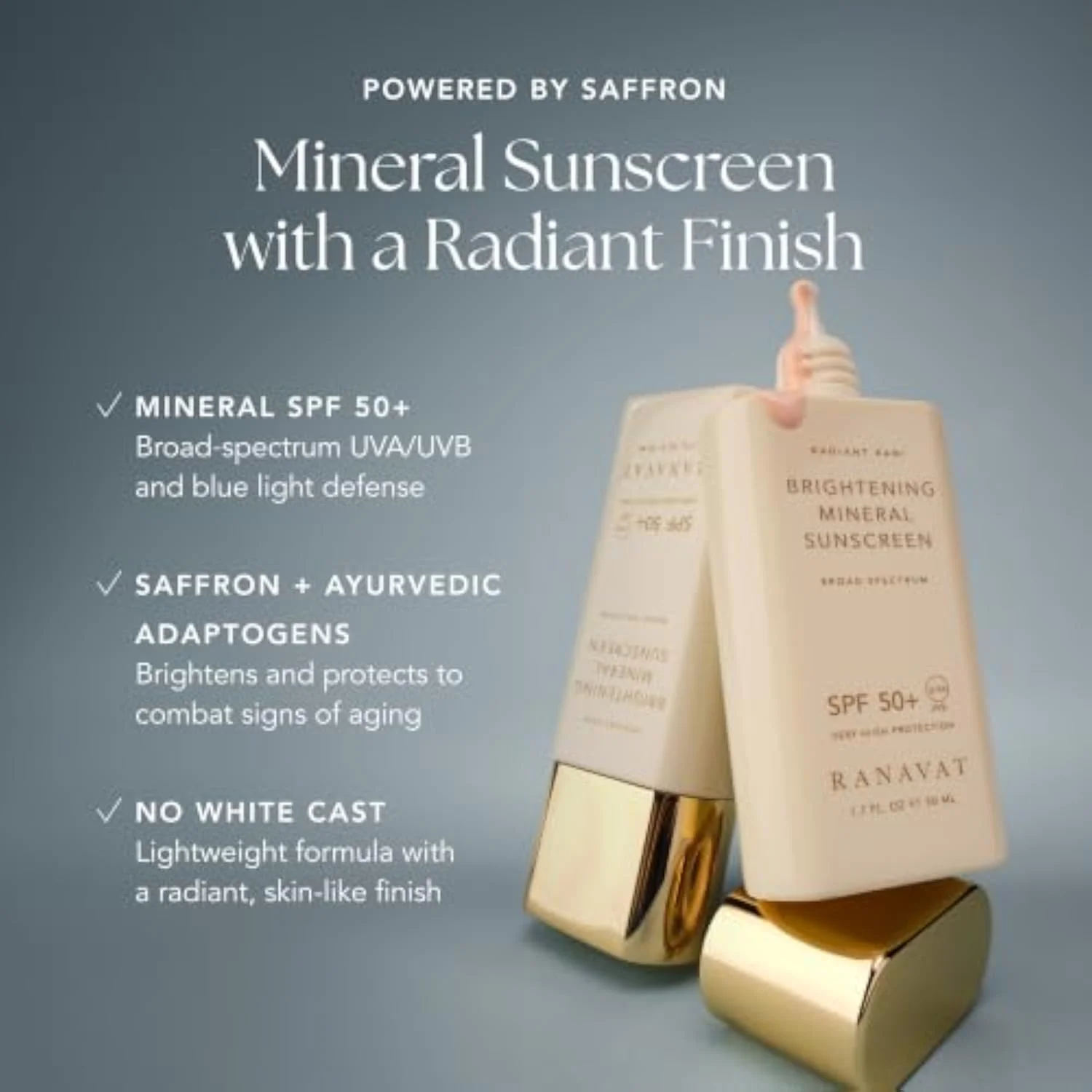 RANAVAT Brightening Mineral Face Sunscreen - Broad-Spectrum SPF 50 Mineral Sunscreen with Zero White Cast - Boosts Radiance & Helps Protect Against Signs of Aging