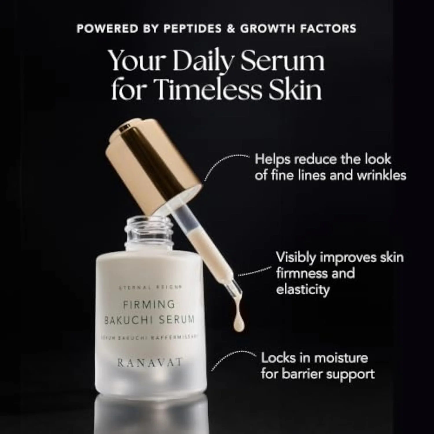 RANAVAT Firming Bakuchi Serum - Bakuchiol Serum with 8 Peptides & Vegan Growth Factors - Retinol Alternative - Ceramides - Face Serum for Visible Firming, Smoothin
