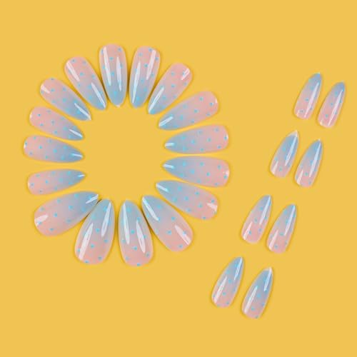 Polka Dot Press on Nails Medium Almond Nails Press on with Pink Blue Ombre Design Glossy F
