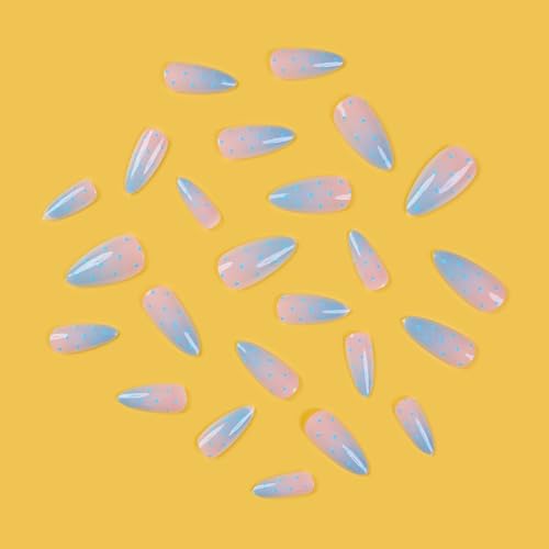 Polka Dot Press on Nails Medium Almond Nails Press on with Pink Blue Ombre Design Glossy F